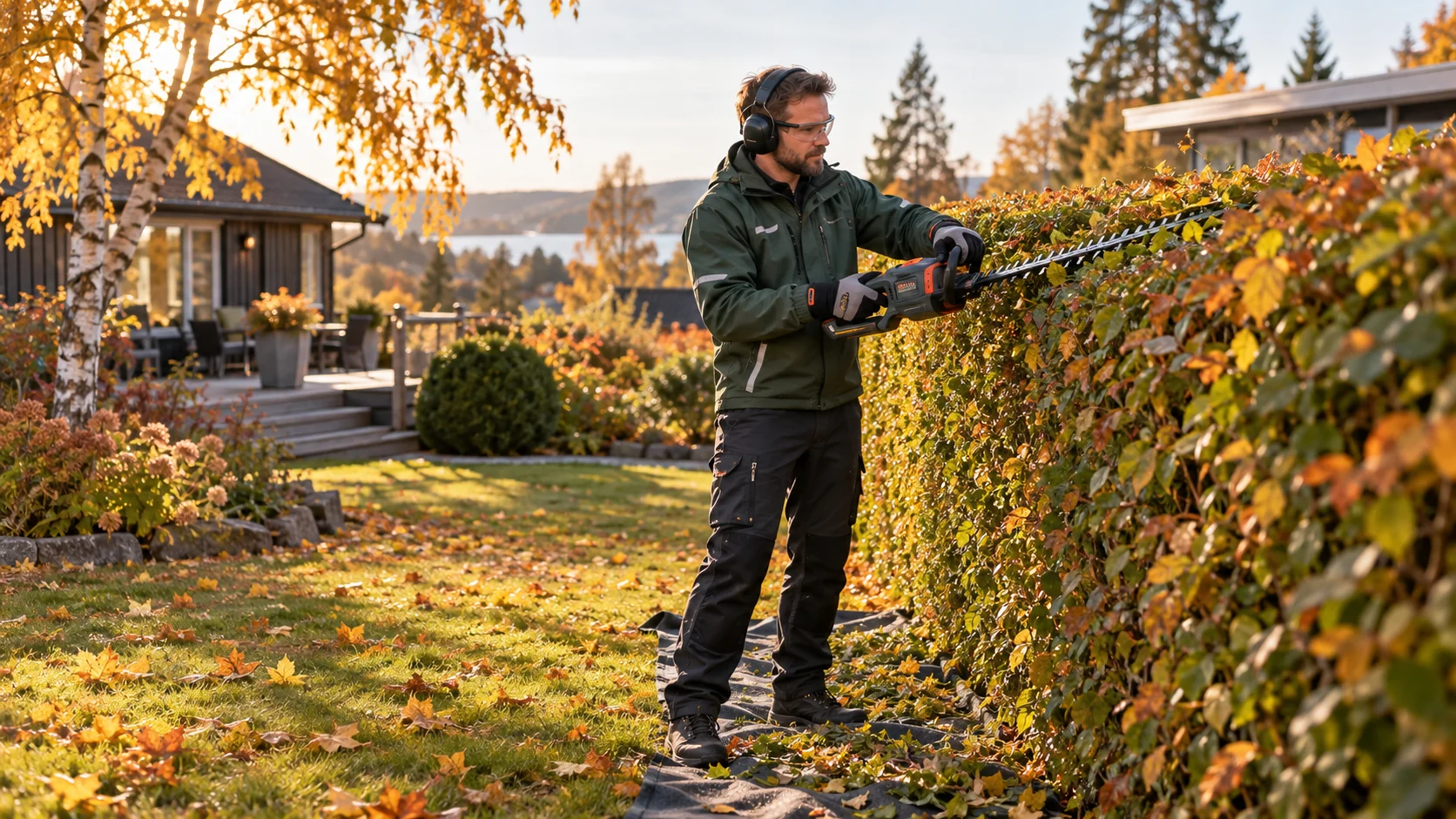 Gartner med verneutstyr klipper en hekk i en hage med gylne høstfarger.